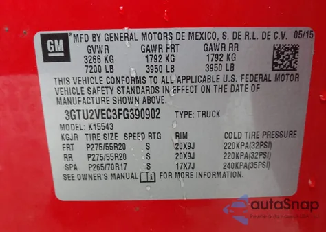 2015 GMC Sierra 1500 Slt из США, поврежденный, VIN 3GTU2VEC3FG390902